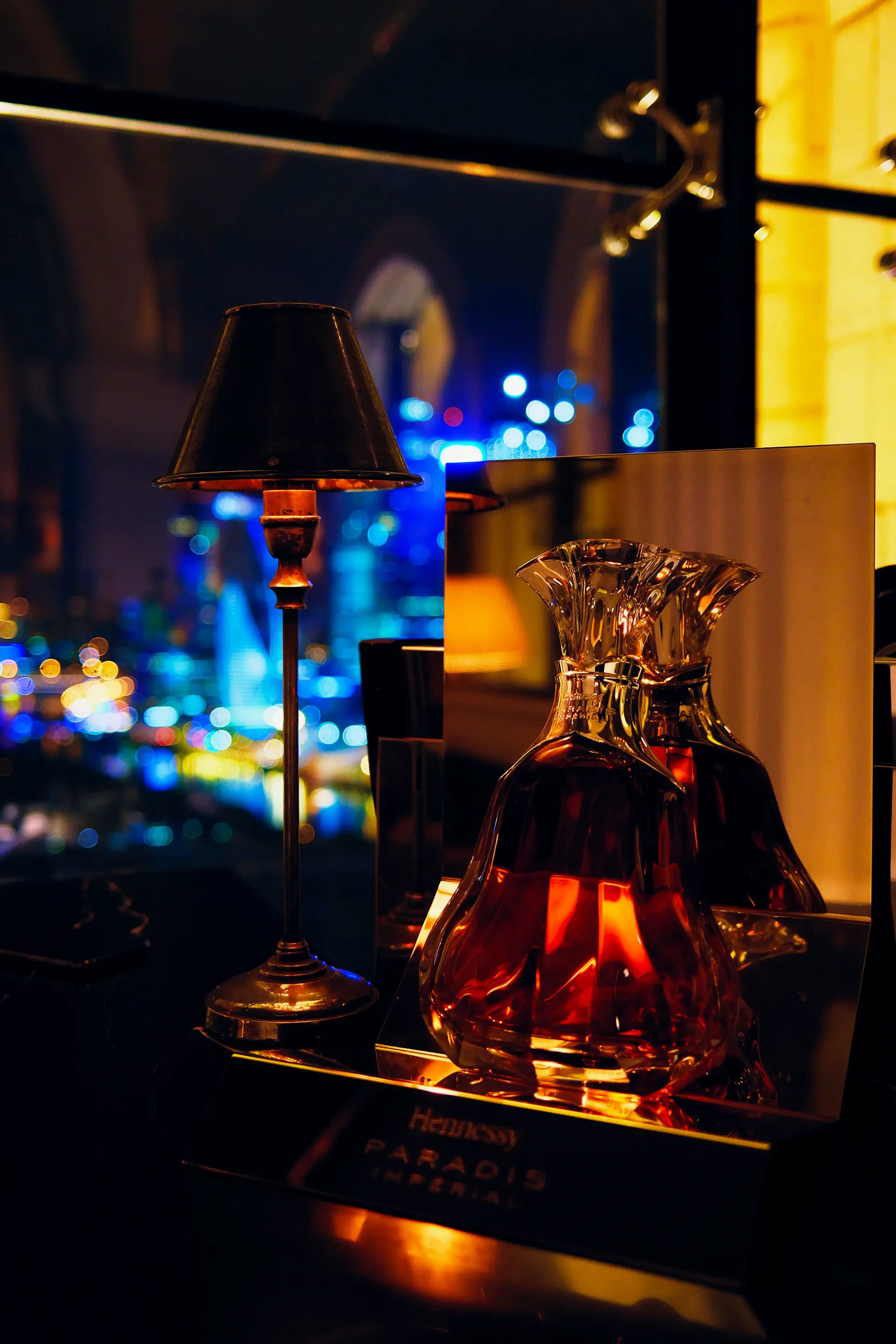 Aged cognac decanter glowing amber