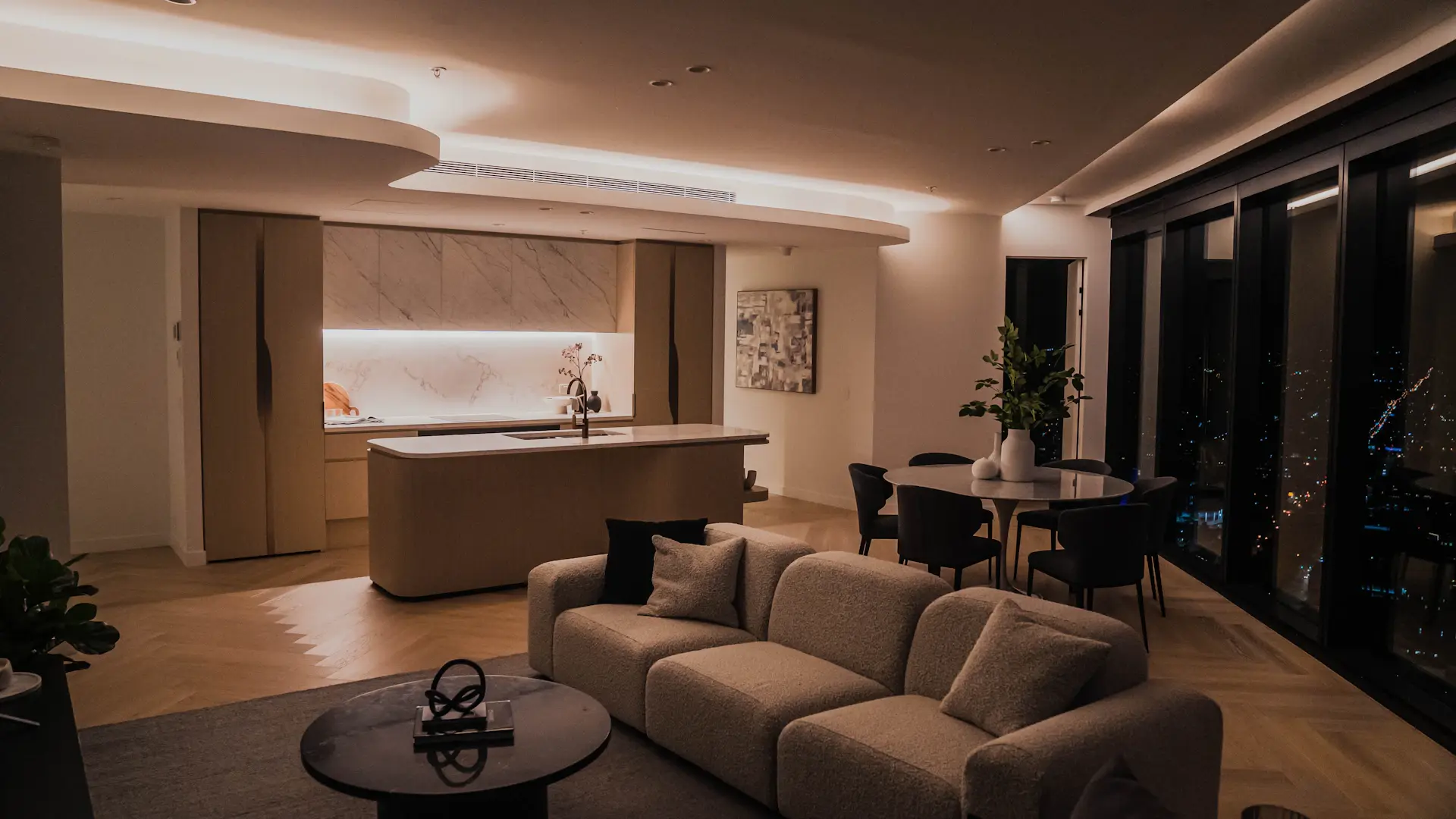 Elegant living space of a premium residence at dusk