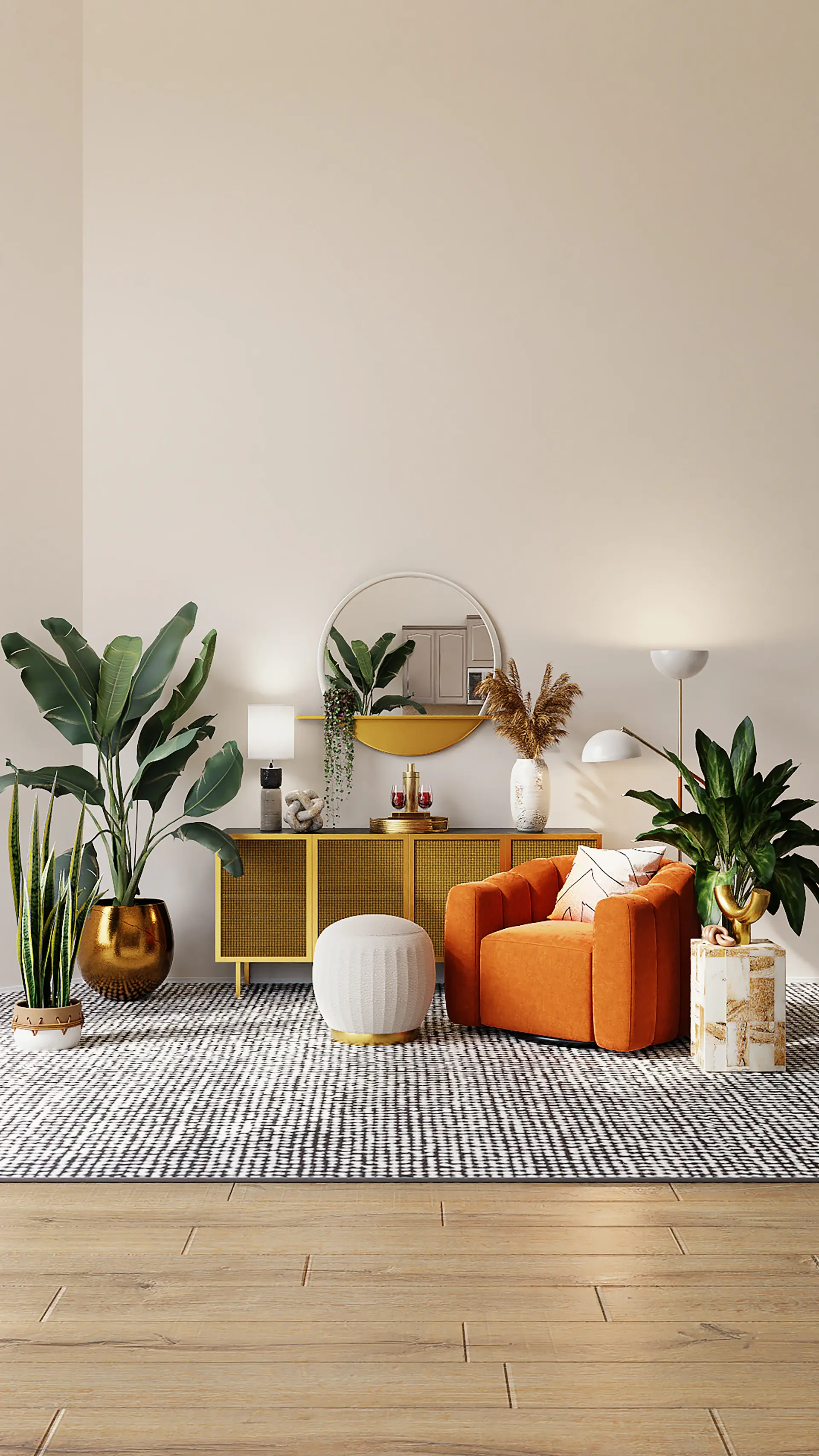 Living room styled with layered plants