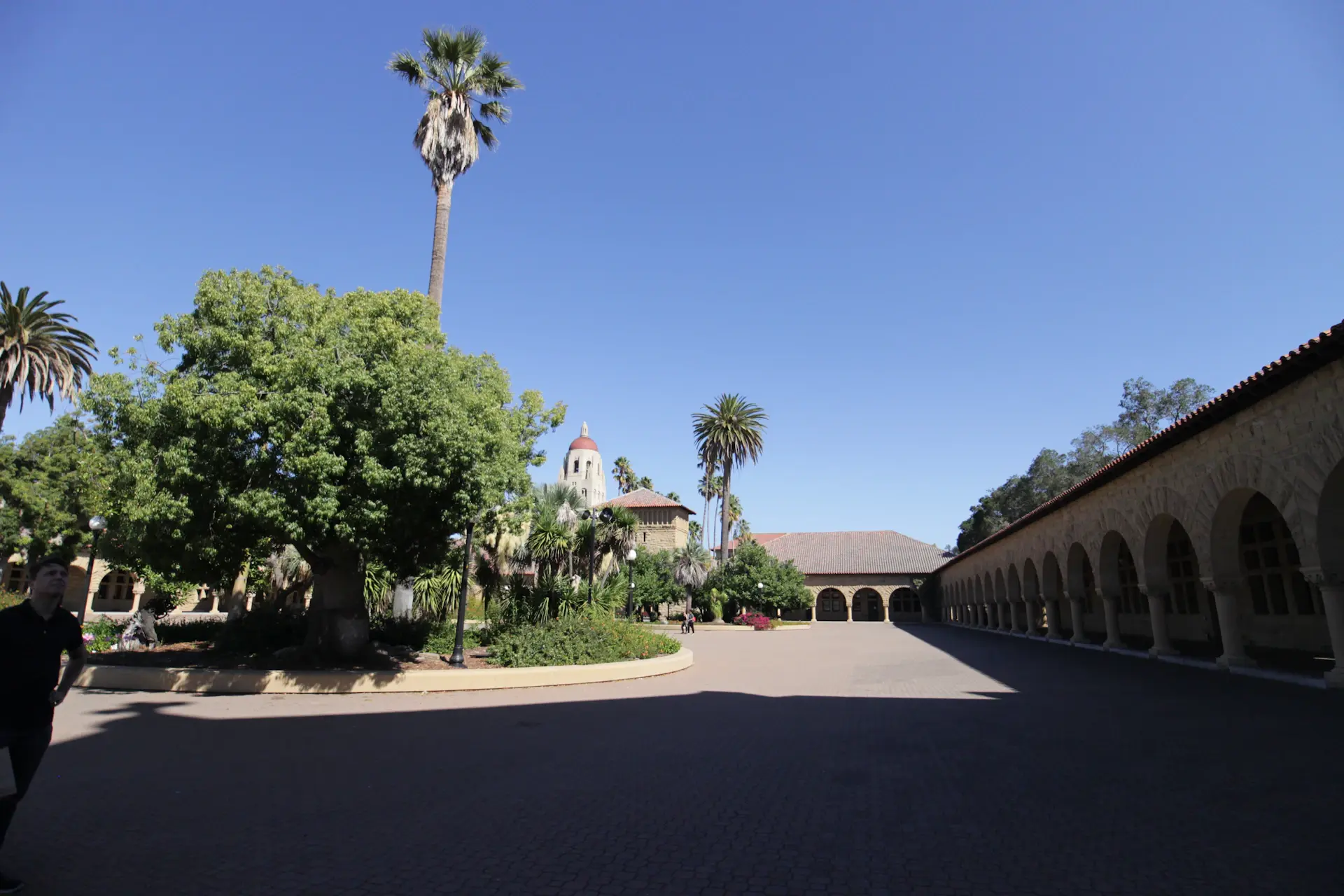 Student walking through a campus courtyard