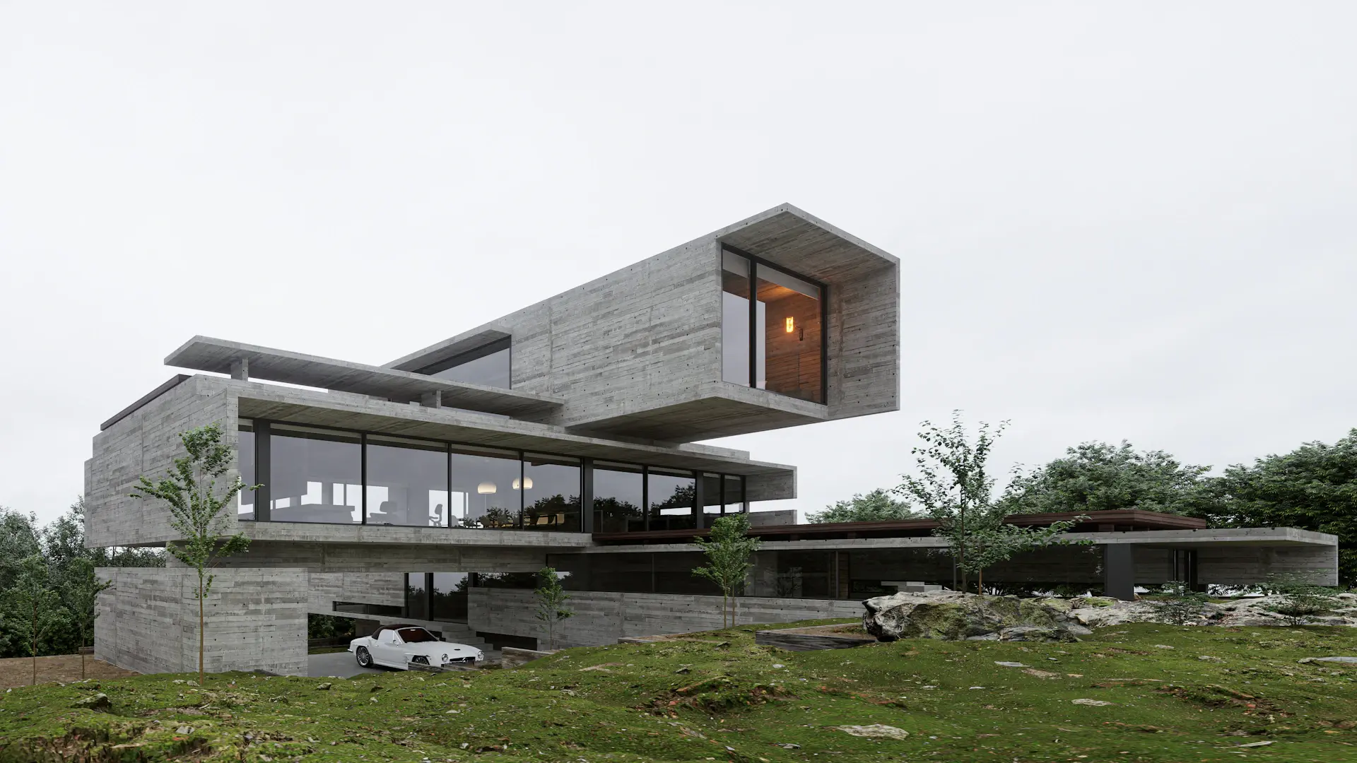 Glass garden villa framed by cypress