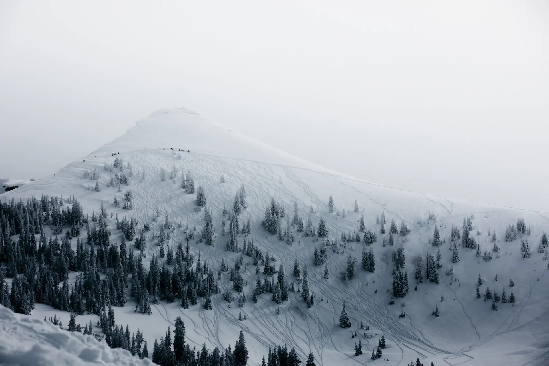 Snow-stilled valley under a pale winter sky