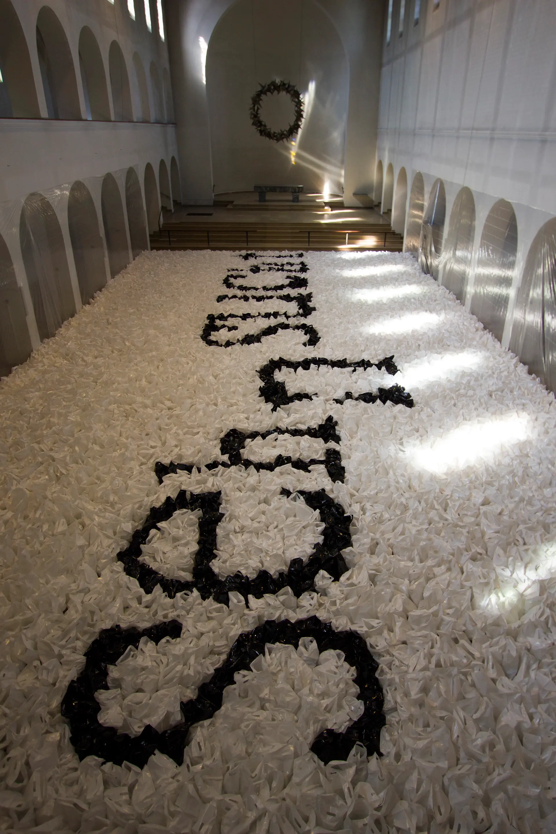 Chapel hall aisle with petals