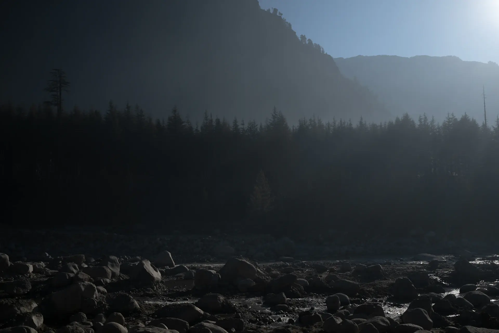 Cinematic wide vista of a remote landscape at first light