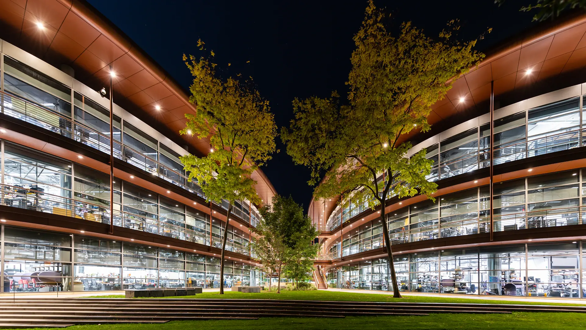 Sweeping view of a prestigious university campus at dusk