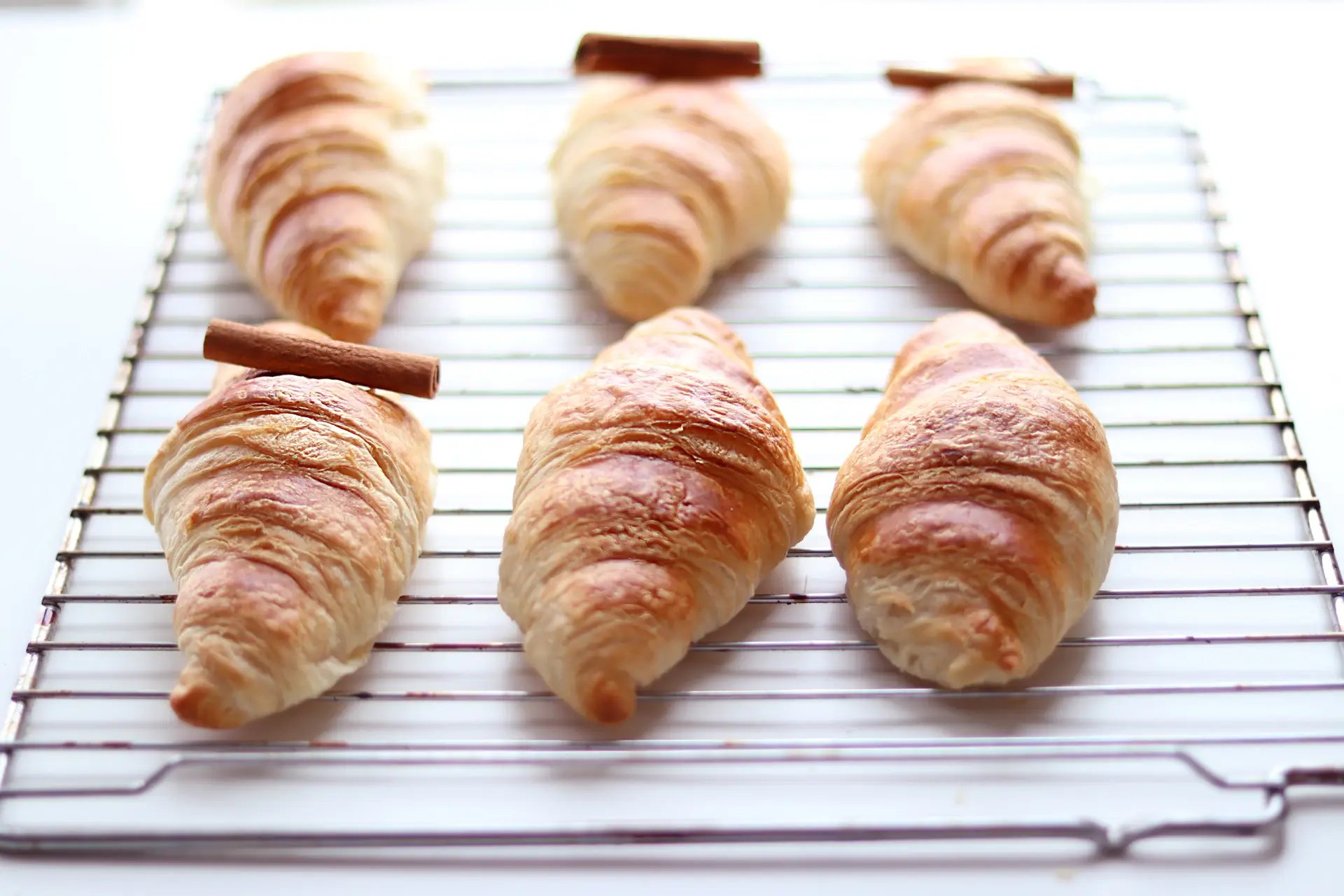 Tray of fresh croissants cooling on a wire rack