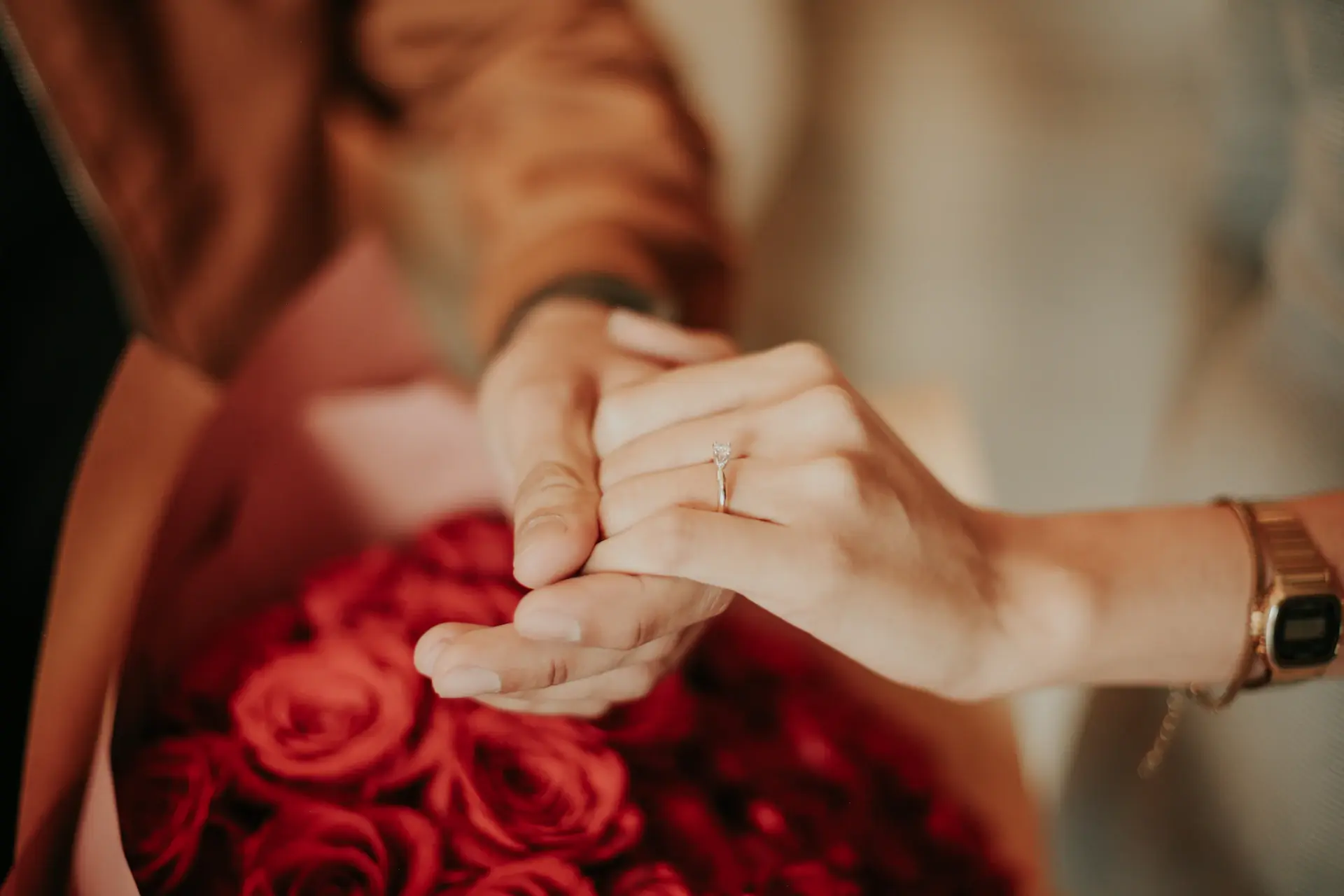 Offering a rose bouquet in a moment of proposal