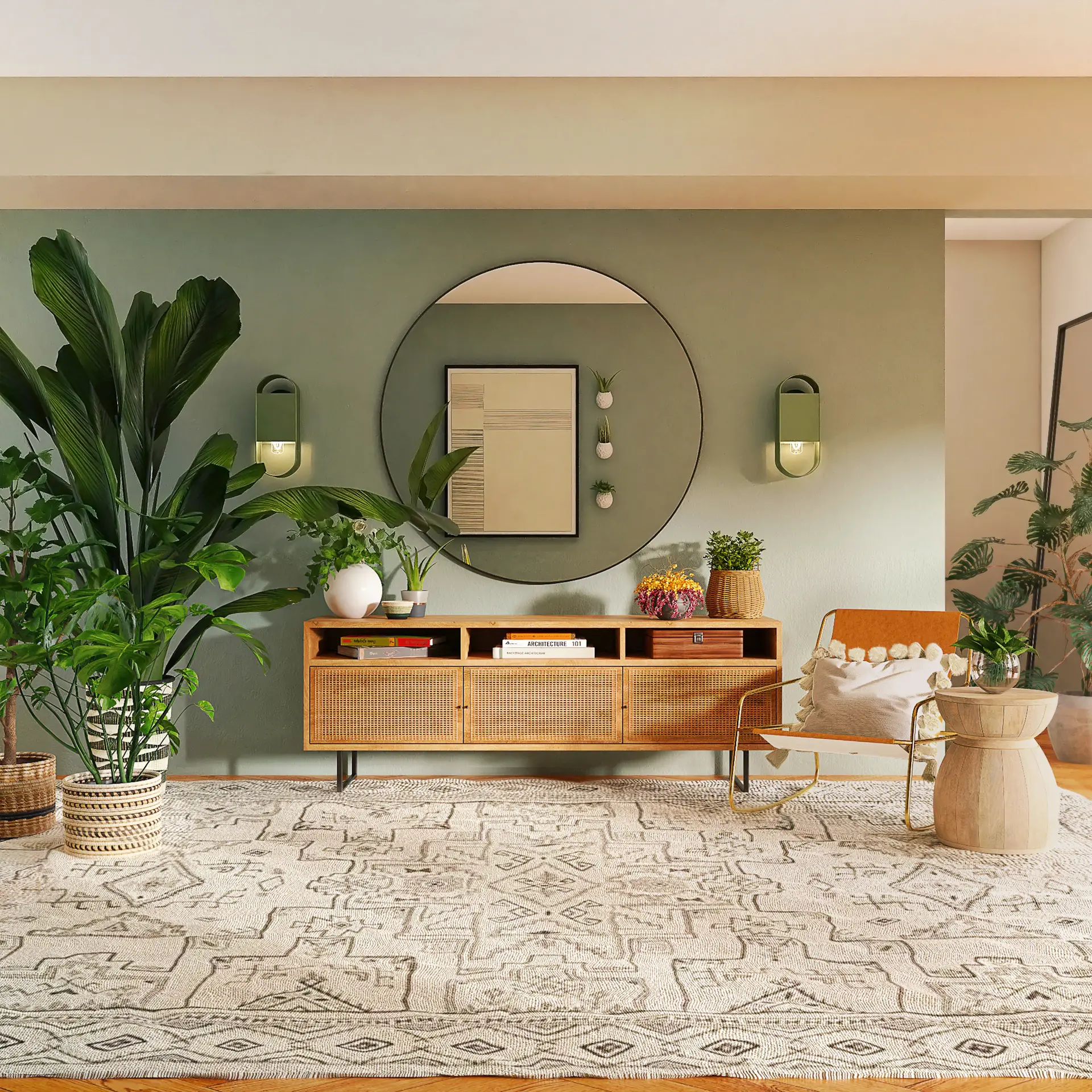Cozy sofa corner framed by trailing pothos