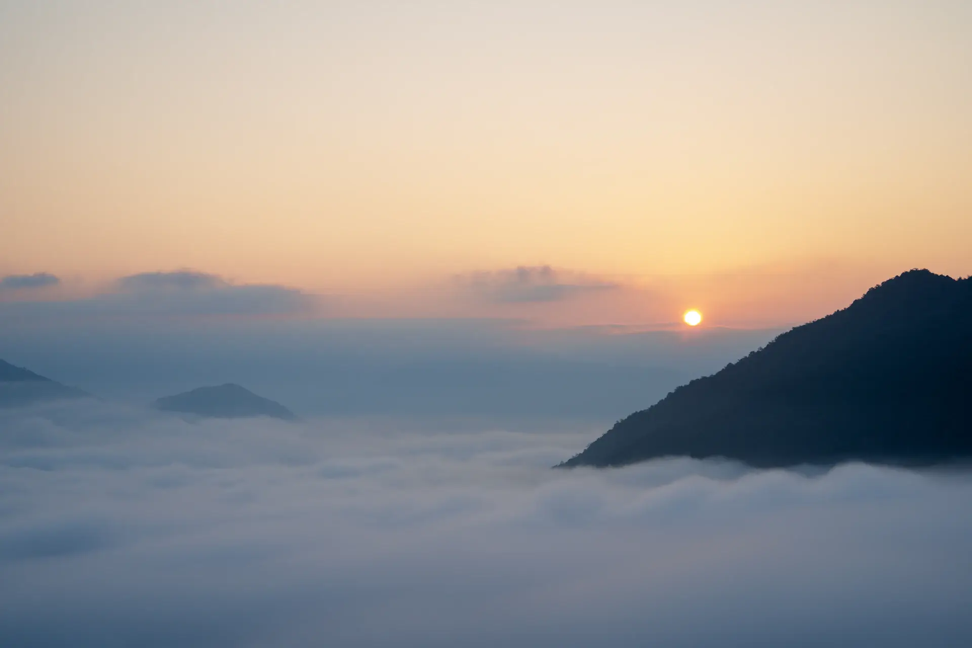 Peaks rising like islands above a sea of morning cloud