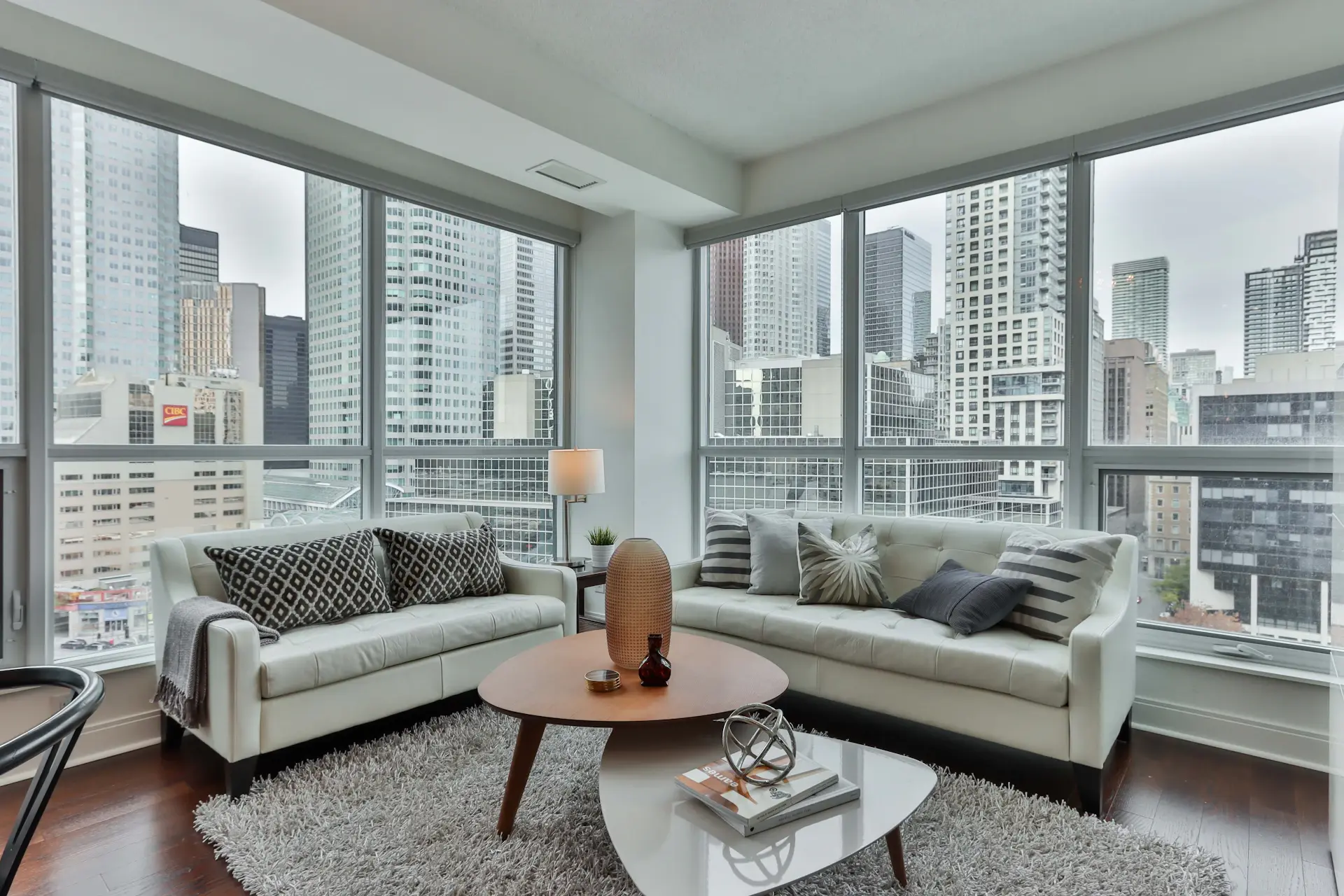 Penthouse interior with skyline view