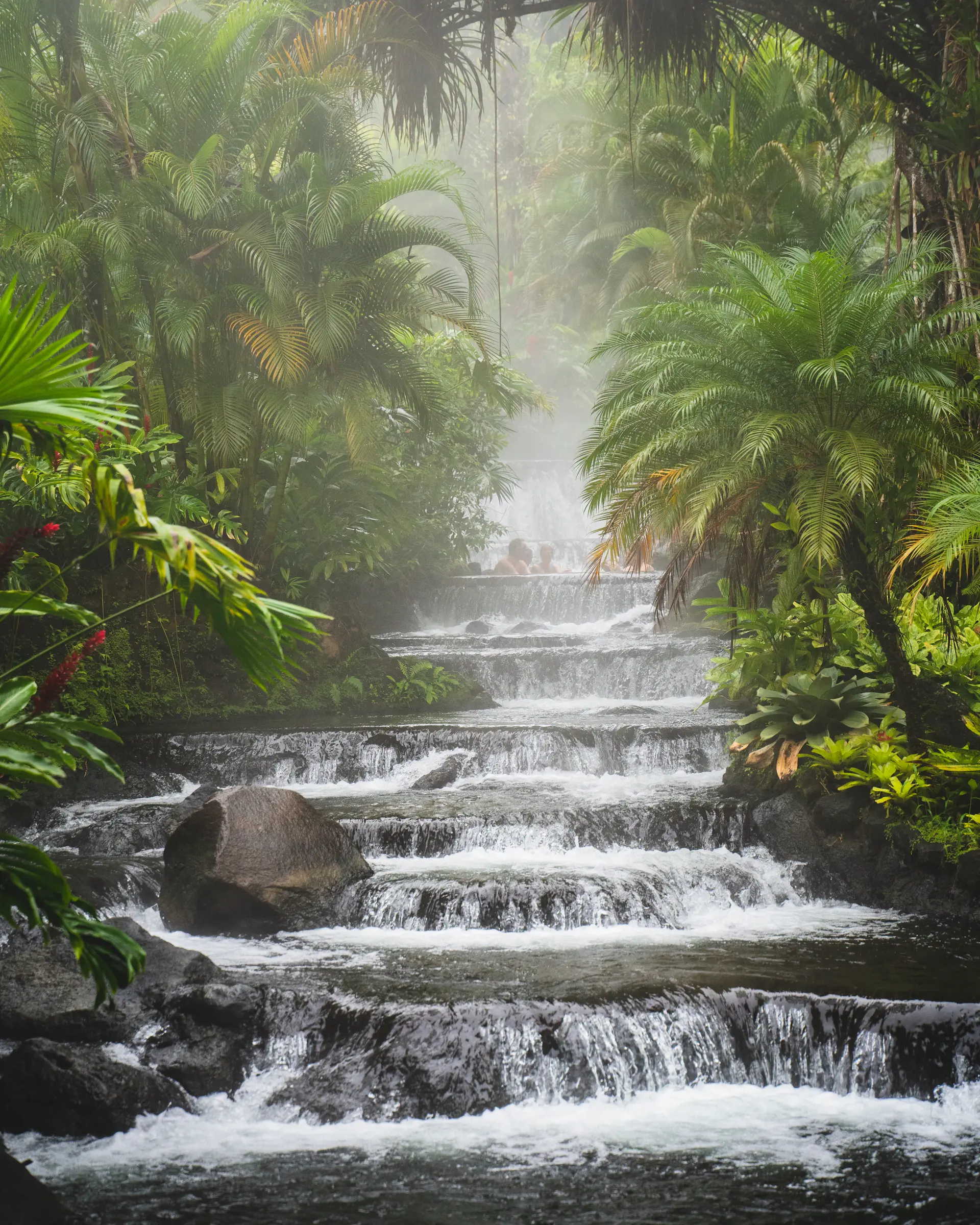 Mist rising from the base of a tall jungle waterfall