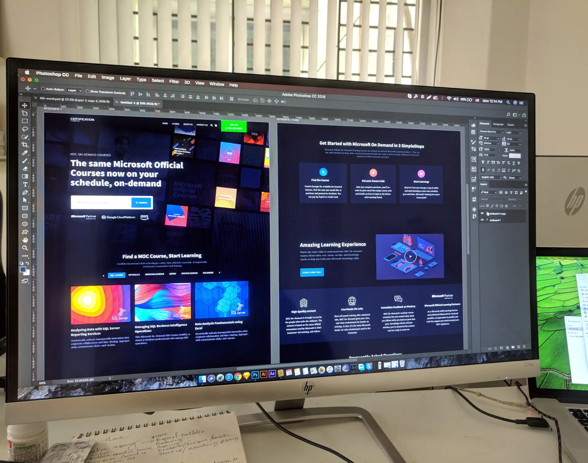 Website design mockup and UI screen layout on desk