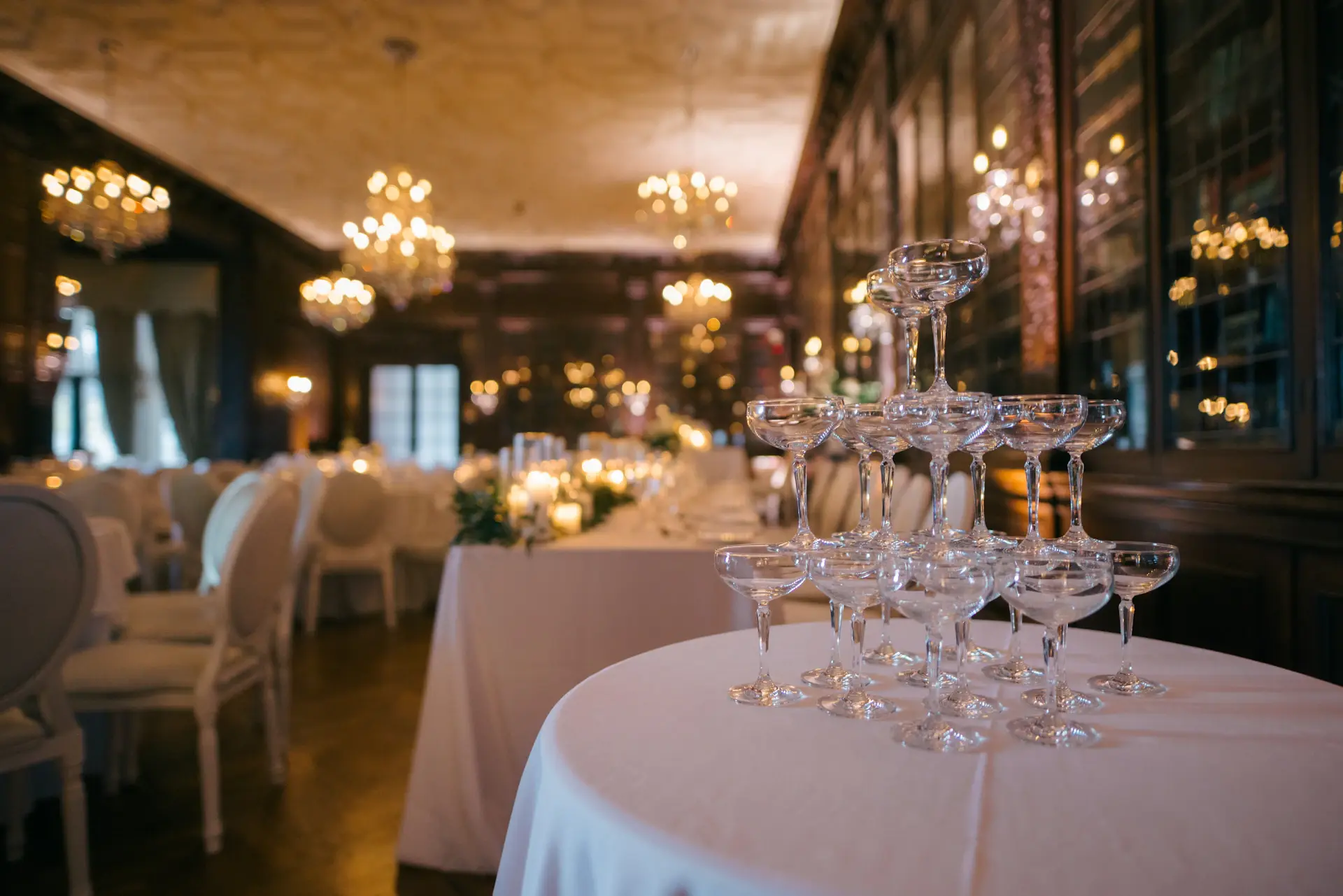Champagne tower at a grand wedding reception