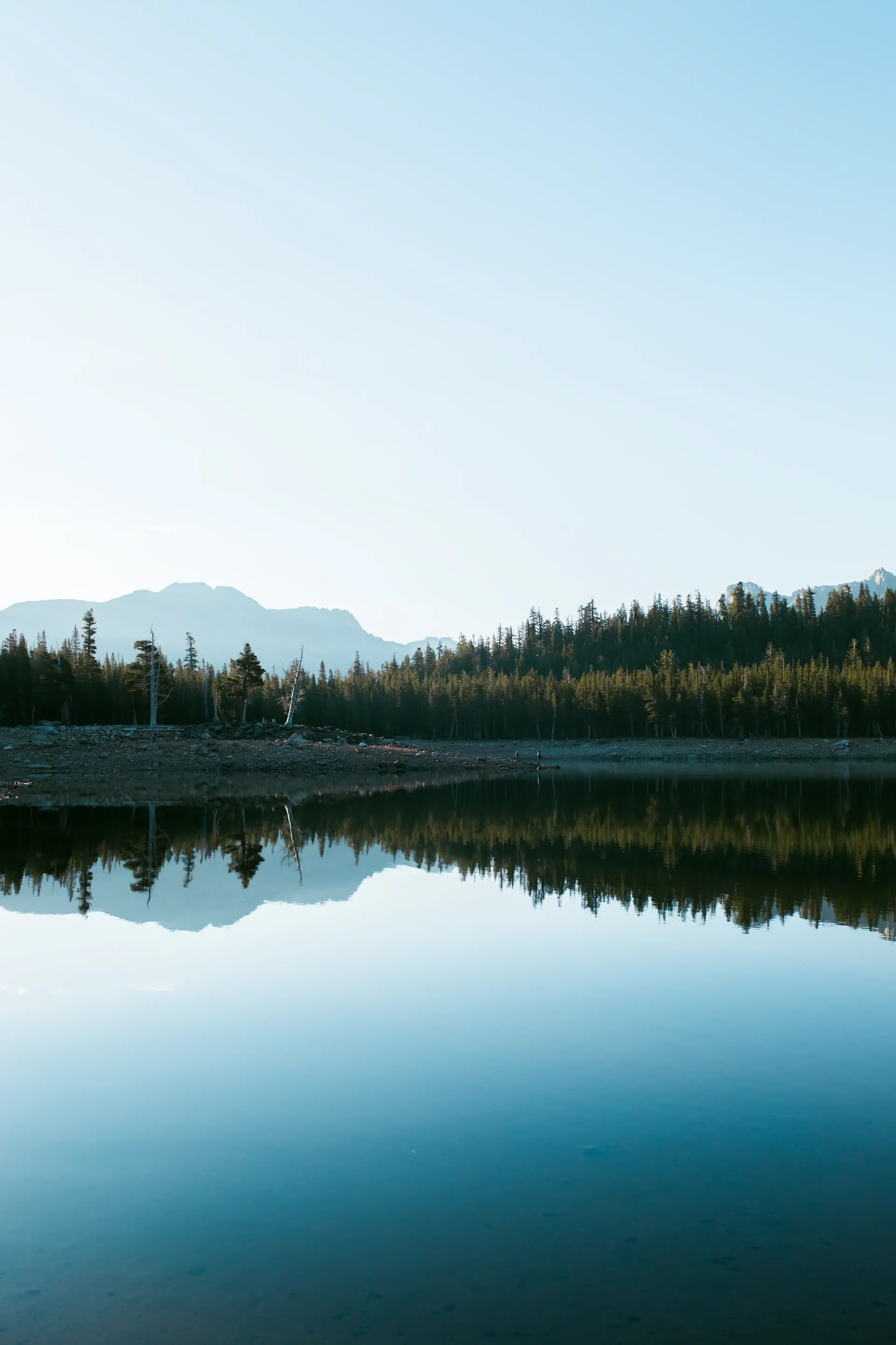 Sharp mountain reflection in mirror-calm water