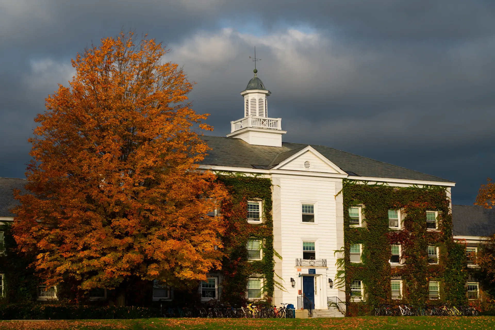 American Ivy League campus building with autumn foliage