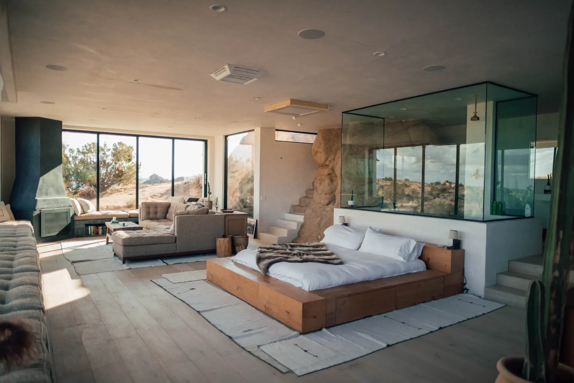 Minimalist interior of a luxury villa with floor-to-ceiling glass